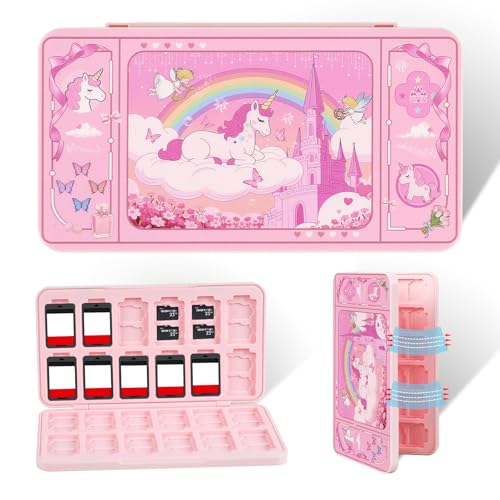 FlyingMage 24 Switch Game Card Case for Nintendo Switch 2/OLED/Lite, Cute Switch Game Holder Cartridge Case for 24 Slots Game Card and 48 SD Card Storage, Switch 2 Compact Card Holder, Pink Unicorn