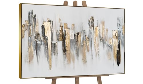YS-Art Cuadro pintura abstracta hecho a mano enmarcado Pintado en acrílico abstracto ligero con motivos urbanos tonos grises y dorados 180x120 cm