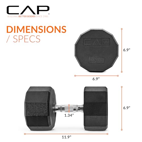 Image of CAP Rubber Coated Dumbbell Weights, Free Weights for Home Gym Strength Training, Anti-Roll Hex Dumbbells with Black, Chrome & Comfort Grip Handles, Singles