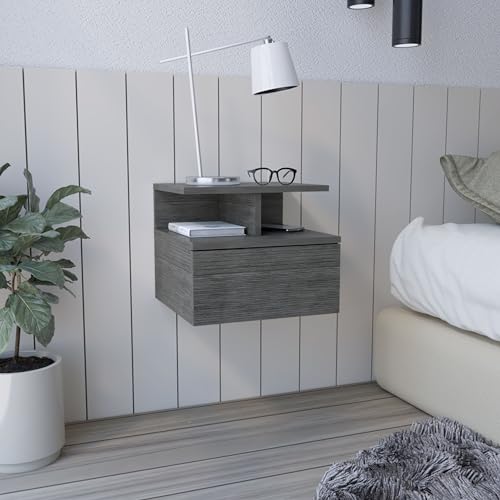 RiouPsithuric Mueble Flotante Moderno Mesita de Noche de Pared de Madera de ingeniería Gris Humo con cajón y estantes Abiertos. Fácil de Montar. Cajón Grande de 12,7 cm de Ancho x 4,4 cm de alt