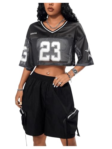 Verdusa Women's Jersey Shirts Hip Hop V Neck Short Sleeve Mesh Crop Top Graphic Tees