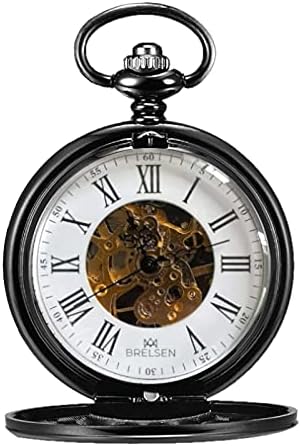 Brelsen Onyx Black Double Hunter Mechanical Pocket Watch, Retro, Vintage, Anniversary, Retirement Pocket Watch, Groom, Groomsmen Wedding Pocket Watches