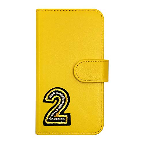 sslink iPhone17 Pro Max アイフォン17プロマックス 対応 ケース 手帳型 ナンバー 2 ワッペン 背番号 数字 デコ キラキラ (イエロー) ダイアリータイプ 横開き カード収納 フリップ カバー スマートフォン