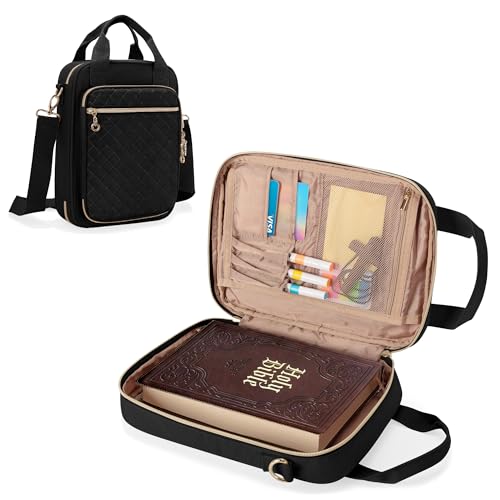 Teamoy Biblia Bolsa con correa para el hombro, de gran capacidad libro de transporte de casos con marcapáginas Blet，Multi-bolsillos Biblia Libro Bolsa de asas para las mujeres, Negro