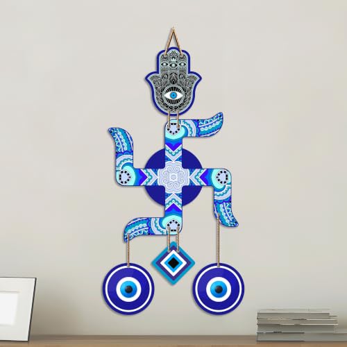 Image of Artvibes Artistic Swastik Wall Hanging with Evil Eye Charms | Decorative Wooden Vastu Ornament for Home Entrance | Spiritual Decor for Prosperity | Harmony and Protection | Wall Art Gift (WH 85107N)