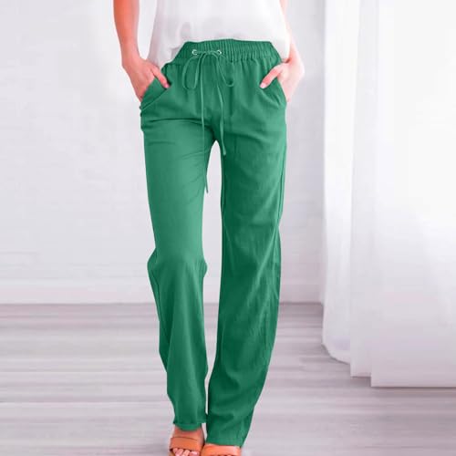 Image of Linen Pants Women High Waisted Drawstring Casual Pant Cotton Linen Straight Leg Lounge Trousers with Side Pockets