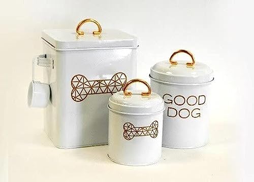 Barkley and Evans Barkley & Evans Set of 3 Pet Food & Treat Storage Canisters, Matching Metal Containers Hold Dry Treats for Dogs or Cats - White & Gold
