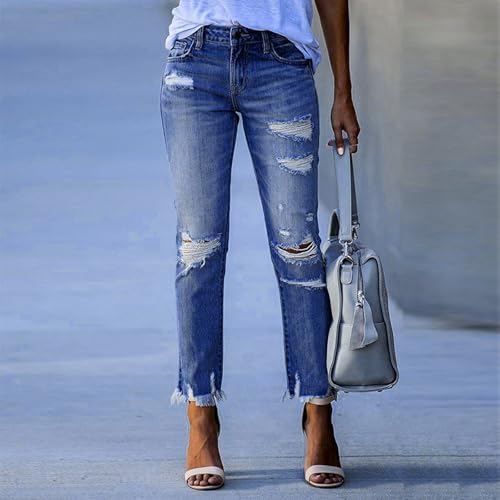 Straight Leg Cropped Jeans for Women Blue Distressed Capri Jeans for Women Stretch High Waisted Jean Capris Boyfriend Crop Ripped Jean Slim Fit Raw Hem Ankle Denim Pants Denim Capri Pants with Pockets2