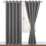 Picture of Hiasan Blackout Curtains for Bedroom, 60 x 84 Inches Long - Thermal Insulated & Light Blocking Window Curtains for Living Room, 2 Drape Panels Sewn with Tiebacks, Light Grey