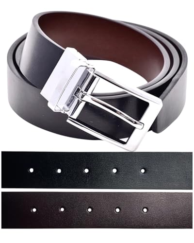Men's Reversible Genuine Leather Belt - From 34-38” Adjustable Waist, Brown/Black, Chrome Twist Buckle, 34mm Wide, For Casual or Smart/Suit/Dress Wear, Presentation Gift Box & Punch Included