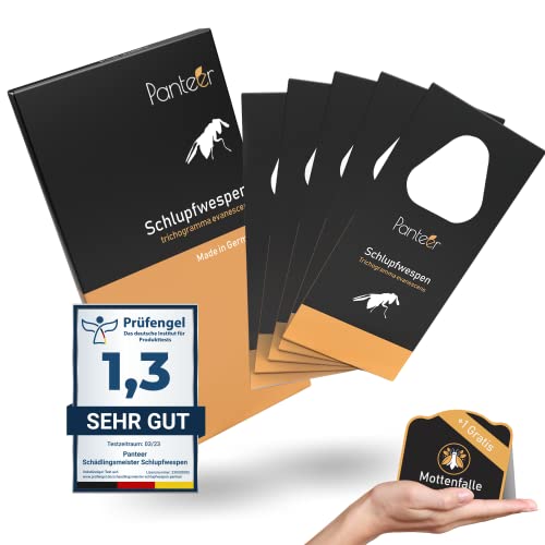 Preisvergleich Produktbild Panteer ® Schlupfwespen gegen Lebensmittelmotten + GRATIS Mottenfalle - 5 Karten à 3 Lieferungen - Biologische & nachhaltige Mottenbekämpfung mit Trichogramma evanescens