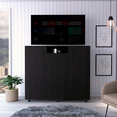 HKRUITELI Cabinet Dresser with Two Drawers, 3 Doors, Four Interior Shelves, and Rod in Black for Organized Storage Solutions
