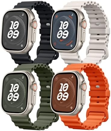 4 Pack Ocean Bands Compatible with Apple Watch Ultra Band 49mm 45mm 44mm 42mm Men Women, Soft Silicone Straps Sport Rugged Smartwatch Replacement for IWatch Ultra Ultra 2 Series 9 8 7 6 5 4 3 2 1 SE