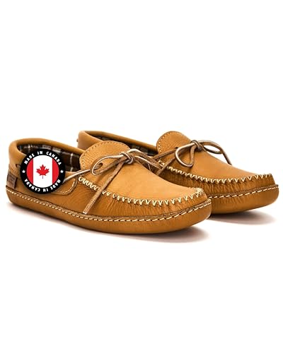 Laurentian Chief Leather Moccasins for Men – Stylish Mens Moccasin Slippers with Plaid Insole Lining, Comfortable Indoor Shoes, Single Lacing, Durable Leather Sole, Made in Canada