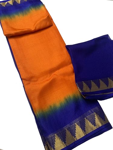 Image of Women's Bhagalpuri Pure Kota Doria Silk Net Saree With Temple Zari Border and Running Blouse Piece
