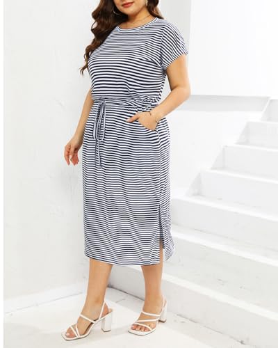 Pinup Fashion Women Plus Size Summer Dresses - Casual Work T Shirt Round Neck Midi Dress with Pockets2