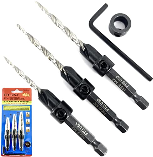 Ftg Usa Wood Countersink Drill Bit Set 3 Pc Countersink Drill Bit #6#8#10 Tapered Drill Bits With Improved Countersink Connection Drill Bit To Hex Shank Without Pin, 1 Stop Collar, 1 Allen Wrench #TOP26