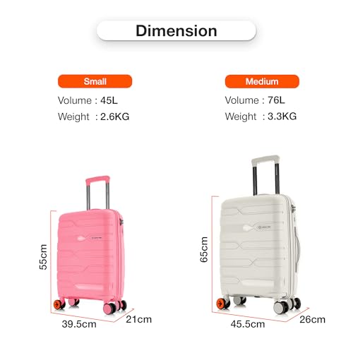 Image of Nasher Miles Paris Hard-Sided Polypropylene Luggage Set of 2 | 55cm & 65cm | 8 Wheels Double Spinner Small & Medium Trolley Bag for Travel | Suitcase (Pink & White)