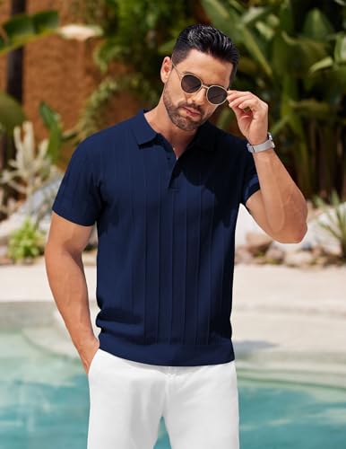 Image of COOFANDY Mens Knit Polo Shirts Short Sleeve Ribbed Textured Polo Shirt Lightweight Casual Golf Shirts Collared T Shirt