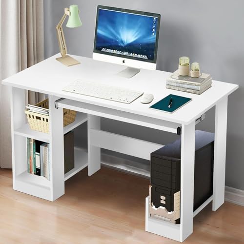 Blisswood Home Office Desk, White Computer Desk With Shelves & Sliding Keyboard Tray PC Laptop Table...