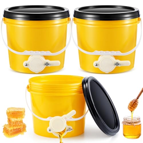 Threehoney 3 Pcs 2 Gallon Honey Bucket with Gate Honey Extractor Equipment Food Grade Bucket Food Safe Buckets with Lid for Beekeeping Supplies Extracting Storage (Yellow Round Style)