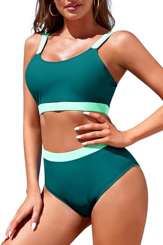 Image of Womens High Waisted Bikini Sets Sporty Crop Top Color Block Swimwear Bandeau Scoop Neck Vintage Two Piece Bathing Suits