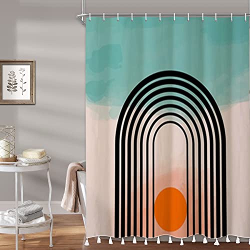 Bovlleetd Arched Sunset Shower Curtain with Tassel Mid Century Abstract Shower Curtain 12 Hooks Bathtub Decoration Blue and Beige Bathroom Curtain with Tassel Set Washable Bath Curtain 60x72inch - Image 3