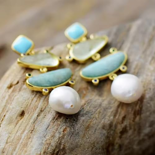 Yomisa Boho Dangle Earrings for Women Gold Silver,Statement Earrings Amethyst Jade Pearl Drop Dangle Earrings for Women Trendy Jewelry Gifts,Lightweight Western Handmade Natural Stones Drop Earrings2