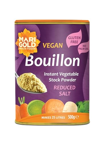 Marigold Reduced Salt Vegetable Bouillon Powder 500g Instant Vegan Stock Powder 37% Less Salt Natural Ingredients Gluten-Free Perfect for Soups Stews & Sauces.