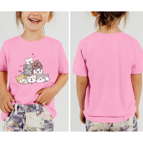 KEEVICI Cute Cartoon Cat Shirts for Girls Kids Graphic Tees Kawaii Animal Pattern T Shirt Cotton Crewneck Summer Loose Tops2