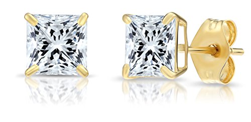 Solid 14k Yellow Gold Square Solitaire Cubic Zirconia Princess-cut CZ Real Gold Square Stud Earrings for Men and Women