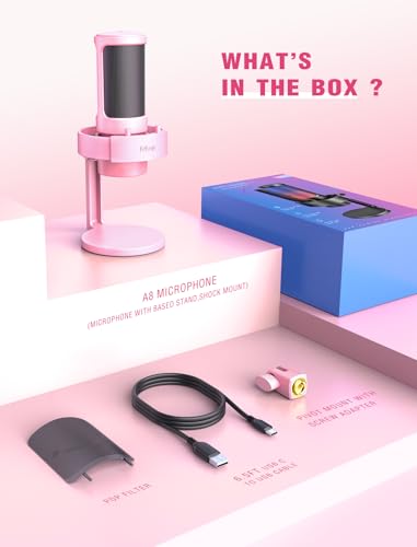 Image of USB Streaming Gaming Microphone, Fifine AMPLIGAME PC Condenser Desktop Mic for Video, Home use, YouTube, with RGB Control, Gain Knob, 3.5mm Headphone Jack, Shock Mount, on Computer /PS4 /PS5-A8 Pink