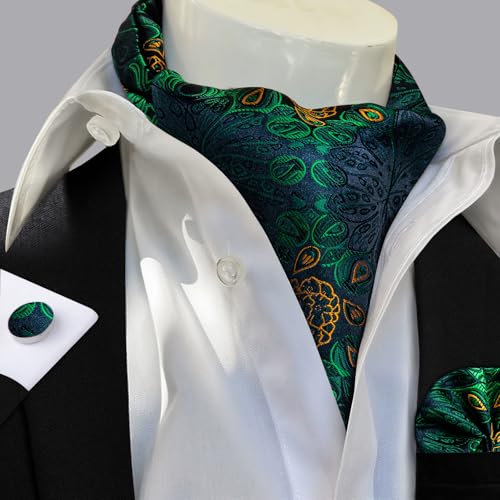 Image of DiBanGu Mens Silk Ascot Ties Paisley Jacquard Woven Cravat and Pocket Square Cufflinks with Lapel Pin for Business Wedding
