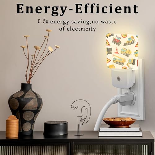 Image of Cartoon Construction Vehicles Building Machines Night Light for Kids,Colorful Trucks Cars and Road Signs Night Light Plug in with Dusk to Dawn Sensor,0.5w Energy Saving Nightlight for Home Decor