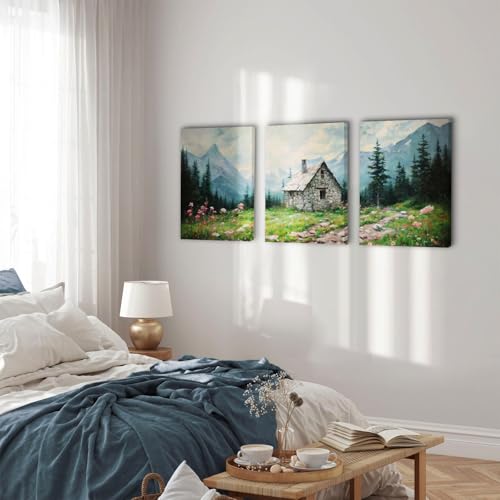 SERIMINO Nature Landscape Canvas Wall Art for Living Room, Forest Mountain Canvas Prints Paintings Room Decor, Cottage Meadow Wildflower Modern Farmhouse Wall Decor Set of 3, 12"X16"
