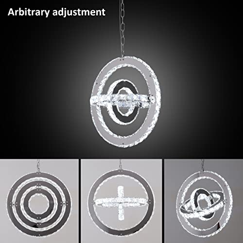 Deckrico Crystal Chandelier Modern 3-Ring Rotating Led Ceiling Lamp Stainless Steel Globe Pendant Light Bright Fixtures For Farmhouse Dining Room Living Room Bedroom Kitchen Island (Cool White) #TOP3