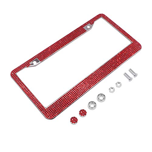 Otostar 7 Row Handcrafted 1000+ Pcs Finest 14 Facets Ss20 Premium Glass Crystal Diamond Stainless Steel License Plate Frame With Matching Screws Caps (Red Crystal) #TOP1