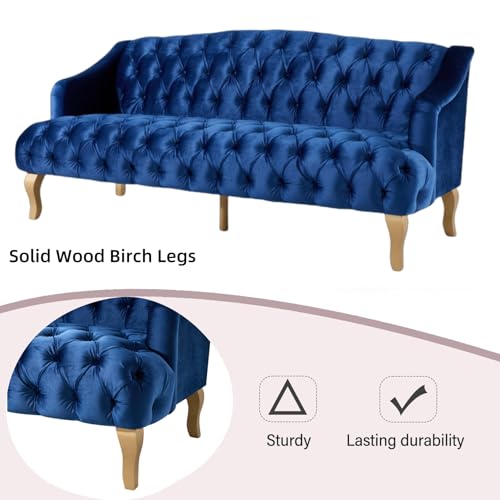 Image of Merax 3 Seater Velvet Couch Sofa with Hi-Back & Solid Wood Birch Legs, Mid-Century Modern Style Deep Seat Upholstered Couches for Living Room, Bedroom, Apartment Furniture, Dark Blue