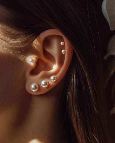 Small Pearl Stud Earrings for Women, 6 Pairs Hypoallergenic Flat Back Silver Pearl Studs Set 4-9MM, Surgical Stainless Steel Stud Earrings Sets for Multiple Piercing2