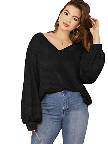 Romwe Women's Plus Size Casual Drop Shoulder Lantern Long Sleeve V Neck Blouse Top Shirts Black 4X Plus