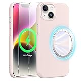 Pnakqil Magnetica Silicone Cover per iPhone 14/iPhone 13 Custodia e 2 Pellicole in Vetro Temperato, Compatibile con MagSafe, Sottile Silicone Liquido Premium Antiurto Case per iPhone 14/13, Rosa