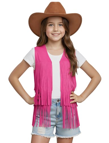 Image of Noomelfish Girls Faux Suede Fringe Vest Sleeveless Boho Tassels Jacket Cardigan (5-12 Years)