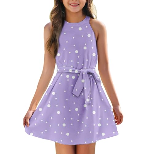 Girls' Sleeveless Polka Dot Dress with Belt Summer Casual A-Line Sundress for Kids