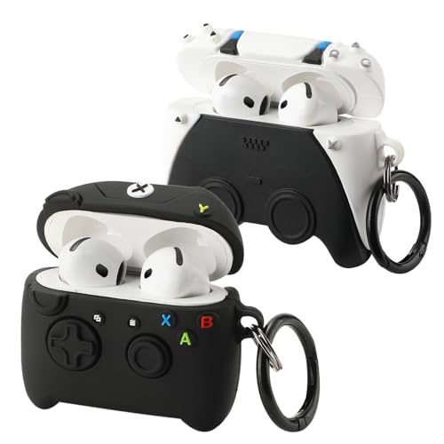 Image of [2Pack] Gedicht for Apple Airpods 4th Generation Case Cover(2024), Cute Cartoon Game Consoles Soft Silicone Protective Cases for Airpods 4 Case with Keychain for Women Men, Controller Black+White