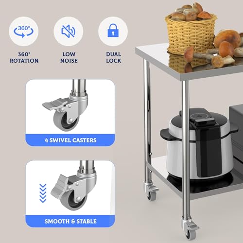Image of Garvee Stainless Steel Table, 60 inch x 24 inch NSF 2 Tier Prep Table with Lockable Wheels & Adjustable Under Shelf, Heavy Duty Commercial Worktable for Restaurant, Home, Kitchen, Indoor, Outdoor