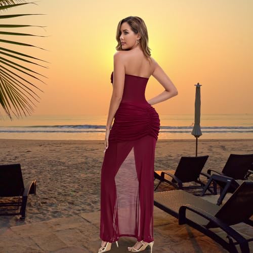 Image of Sexy Sheer Mesh Dresses for Women See Through Maxi Dress Strapless Tube Top Night Party
