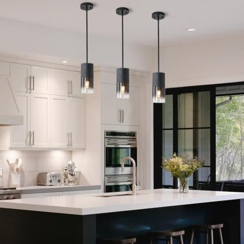 Image of Pendant Light Fixtures, Adjustable Modern Pendant Lights for Kitchen Island, Industrial Glass Pendant Lights for Dining Table Hallway Bedroom Living Room Black 3 Packs