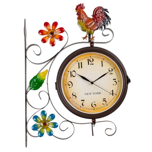 HOBYLUBY Vintage Indoor Outdoor Clock - Silent Non-Ticking, Double Sided Wall Clock with Rooster Decor Waterproof for Garden, Patio, Yard, Farmhouse, Home Décor (Orange)