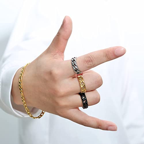HZMAN Mens Stainless Steel 7mm Wide Band Cuban Link Chain Ring, Silver Gold Black4