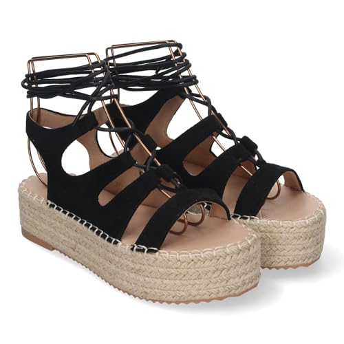 shoes&blues.es 85031 Sandalia de Mujer con Plataforma de Yute, Comodas y Elegantes, Tiras Cruzadas con Cordones, Pala y Talon Abierto, Ideales para Primavera-Verano. Negro Talla 40